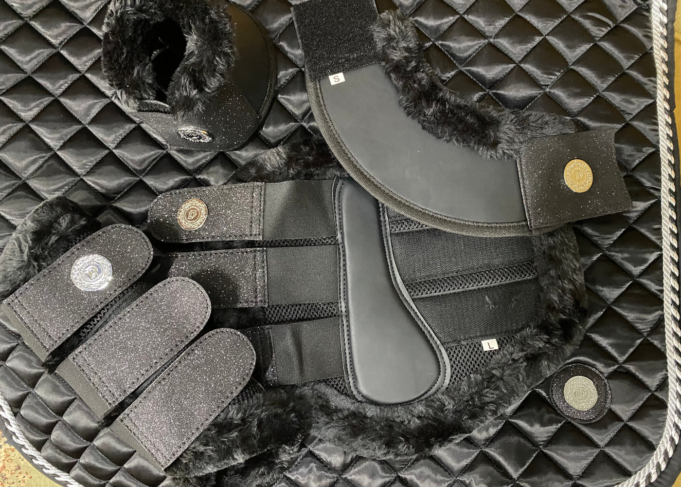 Horse brushing boots -Black Sparkle Exercise Boots & matching bell boots